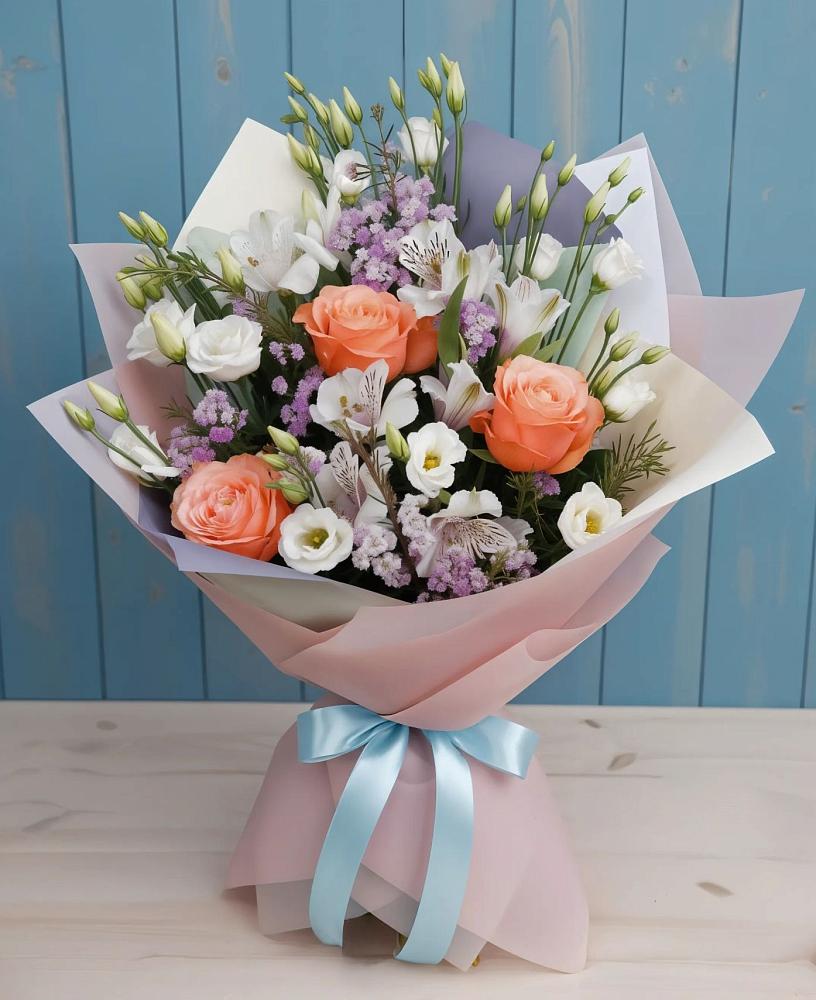 Букет цветов из: Лизиантусы, Розы, Альстромерии и Гипсофила в Гороховце